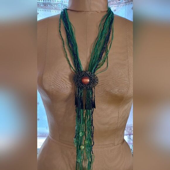 Vintage Handmade Statement Necklace Long Tassel  Glass Beads Bolo Necklace - Picture 1 of 8